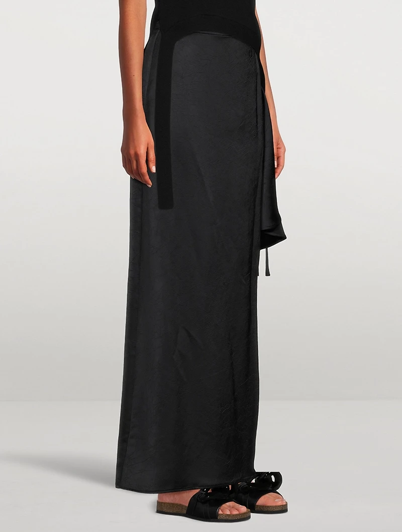 Draped Satin Maxi Skirt With Zipper Detail