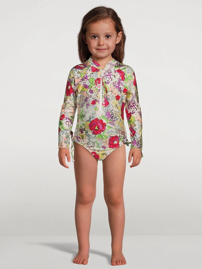 Clover Long-Sleeve Zip Swimsuit Lipstick Peony Floral Print