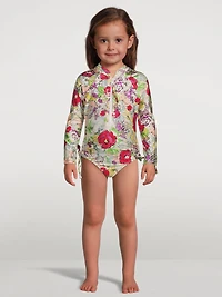 Clover Long-Sleeve Zip Swimsuit Lipstick Peony Floral Print