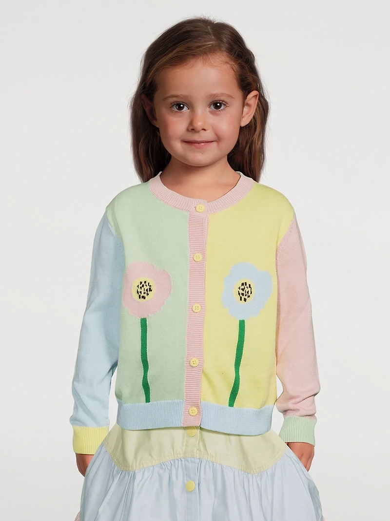 Cotton Cardigan With Flower Intarsia