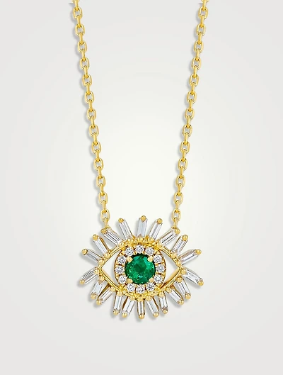18K Gold Evil Eye Mini Emerald Pendant Necklace