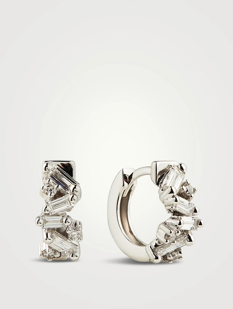 Fireworks 18K White Gold Huggie Hoop Earrings With Diamonds