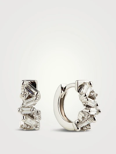 Fireworks 18K White Gold Huggie Hoop Earrings With Diamonds