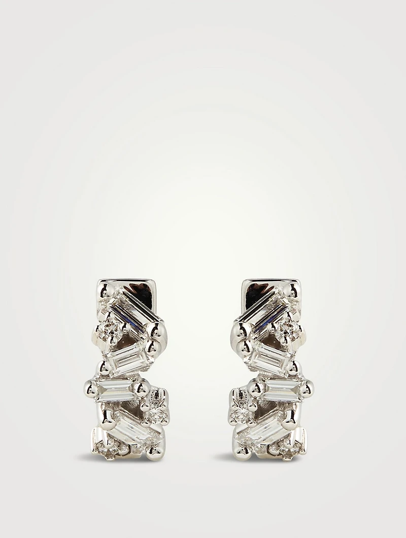 Fireworks 18K White Gold Huggie Hoop Earrings With Diamonds