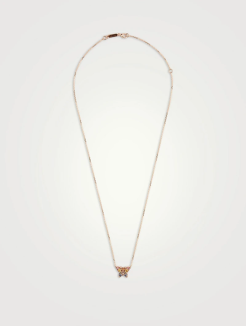 Small 18K Rose Gold Butterfly Necklace With Diamonds And Sapphire