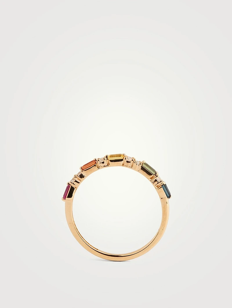 18K Gold Halfway Band With Rainbow Sapphire And Diamonds