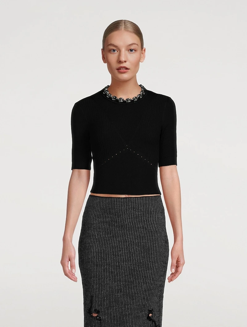 Chain-Trimmed Cropped Sweater