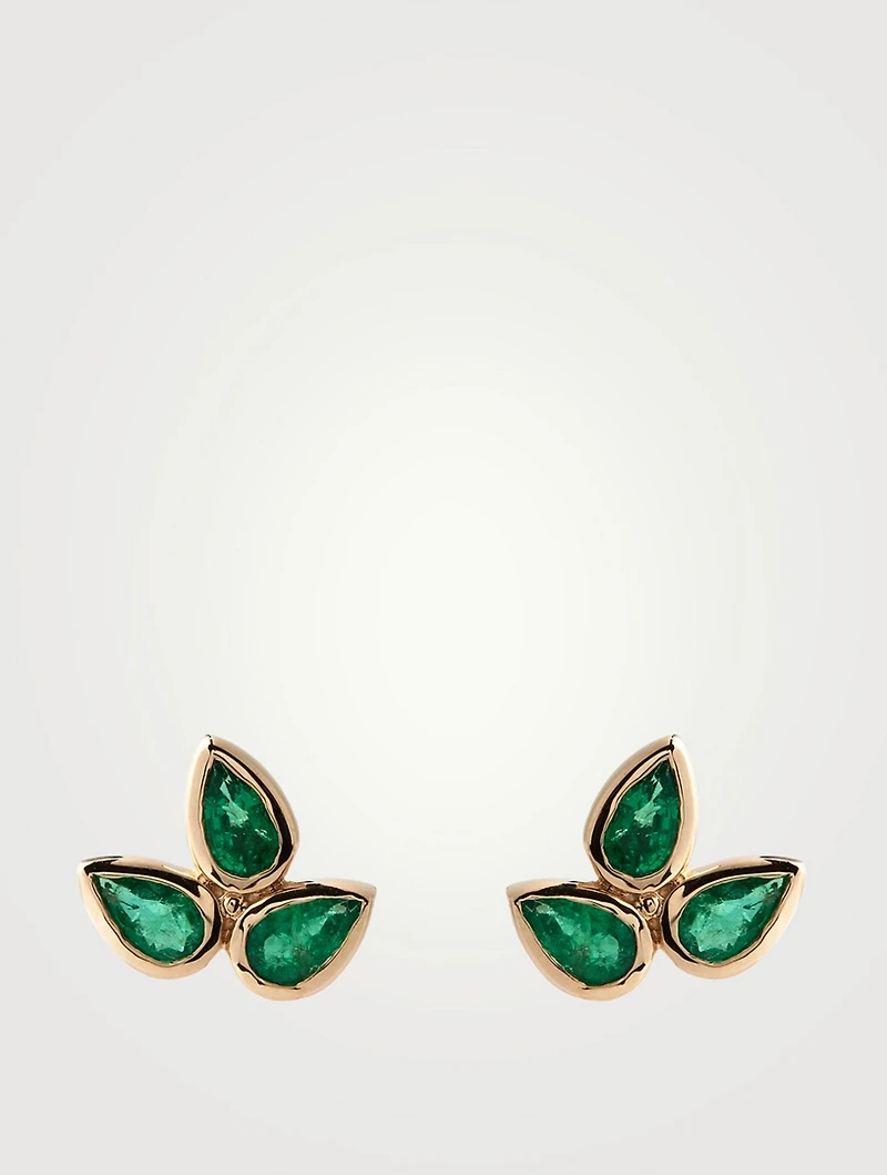 Fleur De Lis Bouquet 14K Gold Stud Earrings With Emeralds