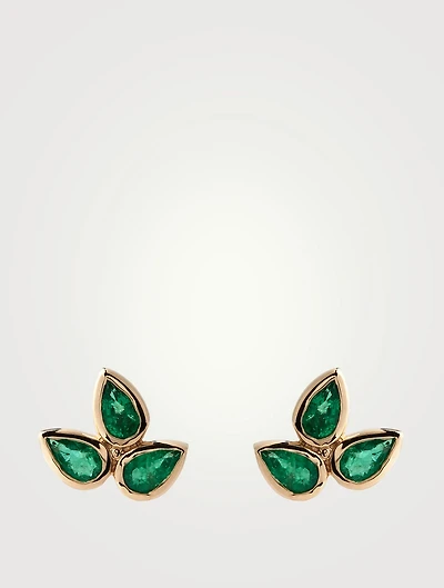 Fleur De Lis Bouquet 14K Gold Stud Earrings With Emeralds