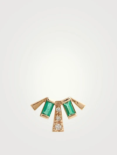 Carré 14K Gold Deco Fan Stud Earring With Emeralds And Diamonds
