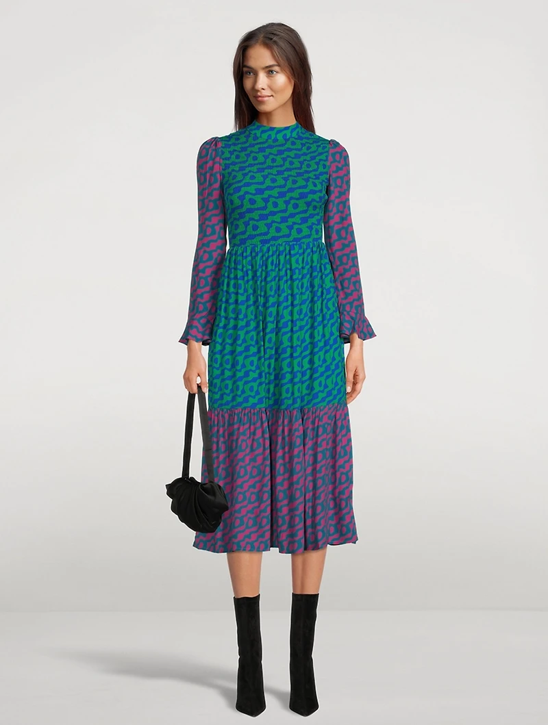 Jules Smocked Midi Dress Ripple Print