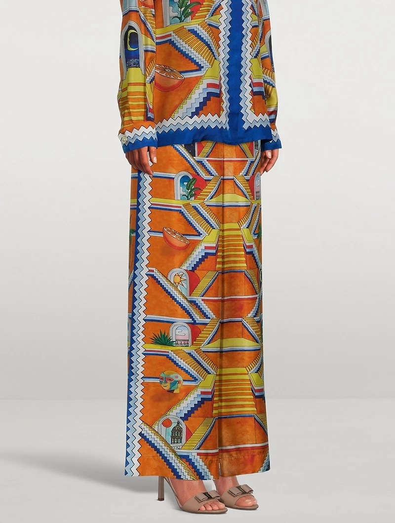 Wide-Leg Silk Trousers Escalier Infini Print