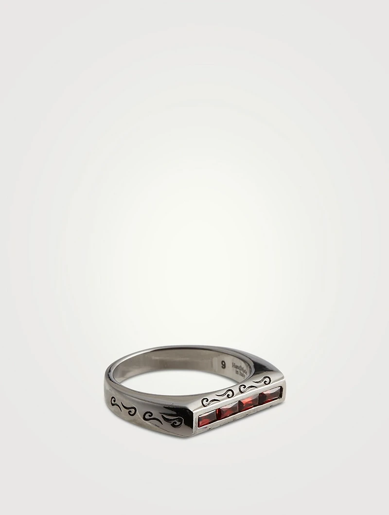 Ara Burnished Silver Baguette Ring With Garnet