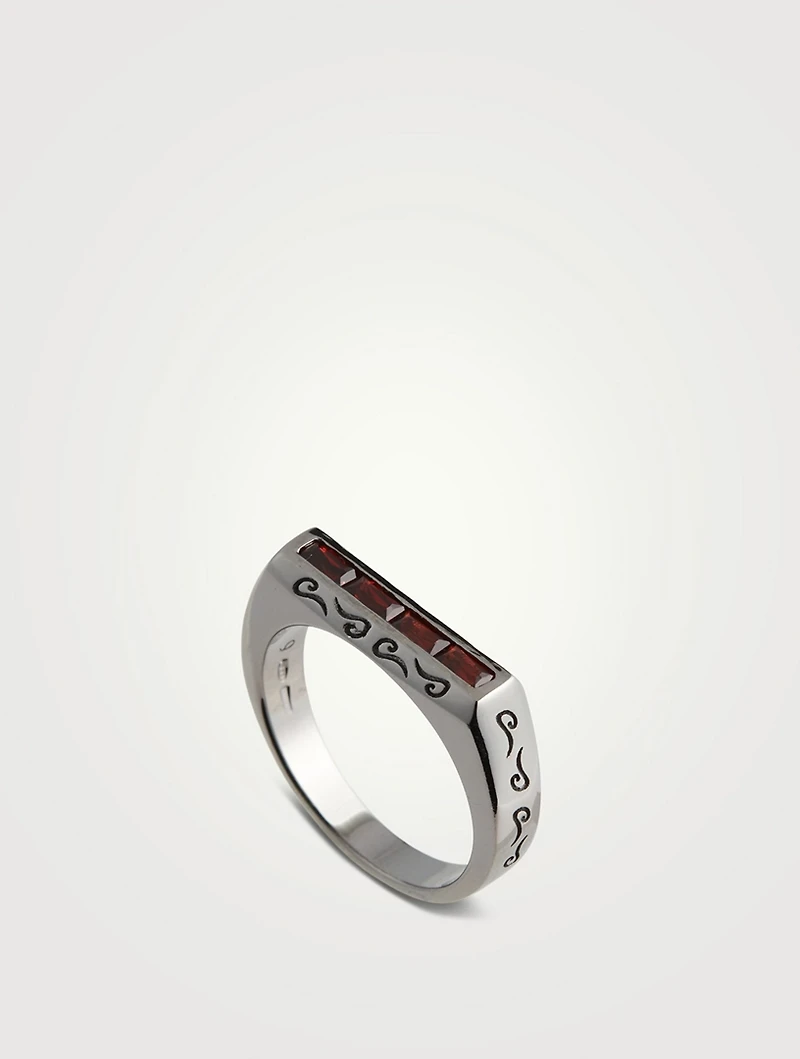 Ara Burnished Silver Baguette Ring With Garnet