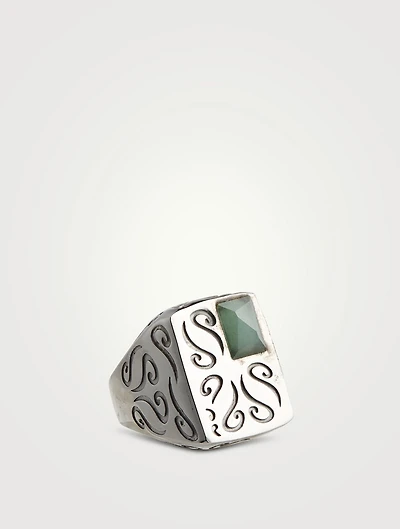 Ara Rectangular Burnished Silver Ring With Green Aventurine