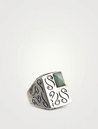 Ara Rectangular Burnished Silver Ring With Green Aventurine