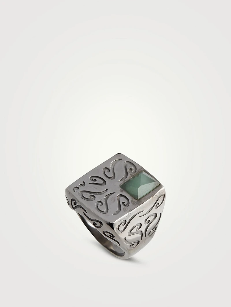 Ara Rectangular Burnished Silver Ring With Green Aventurine