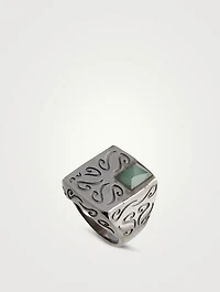 Ara Rectangular Burnished Silver Ring With Green Aventurine