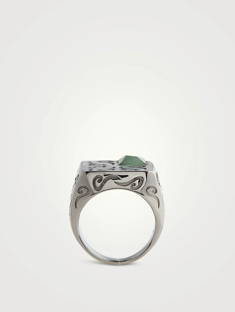 Ara Rectangular Burnished Silver Ring With Green Aventurine