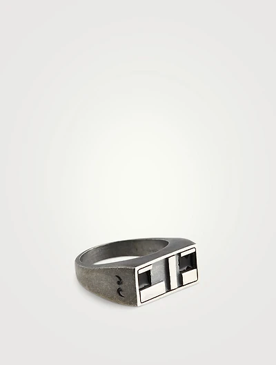 De Stijl Oxidized And Polished Silver Ring With Black Enamel
