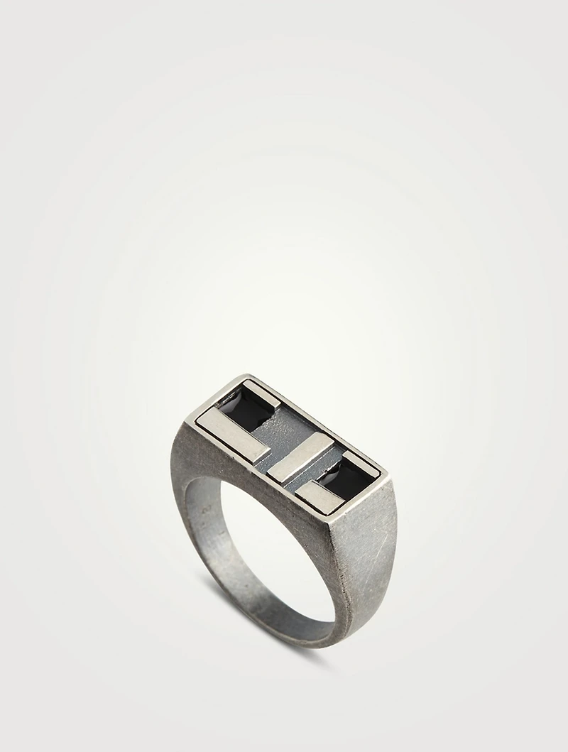 De Stijl Oxidized And Polished Silver Ring With Black Enamel