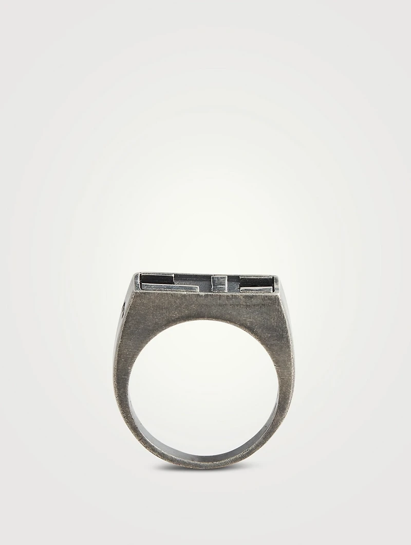 De Stijl Oxidized And Polished Silver Ring With Black Enamel