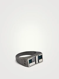 De Stijl Oxidized And Polished Silver Ring With Green Enamel