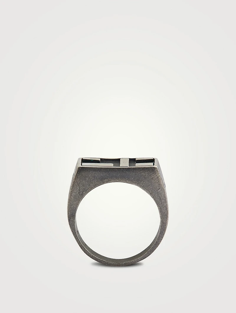 De Stijl Oxidized And Polished Silver Ring With Green Enamel
