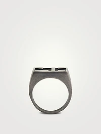 De Stijl Oxidized And Polished Silver Ring With Green Enamel