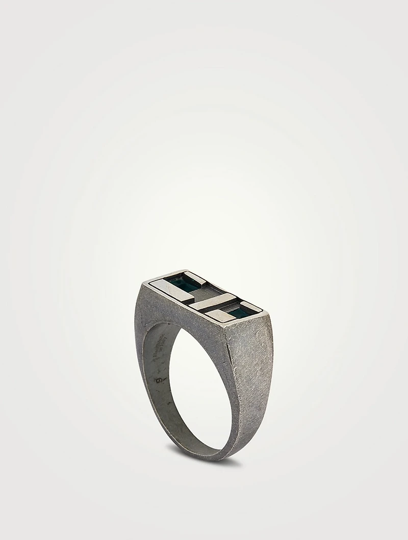 De Stijl Oxidized And Polished Silver Ring With Green Enamel