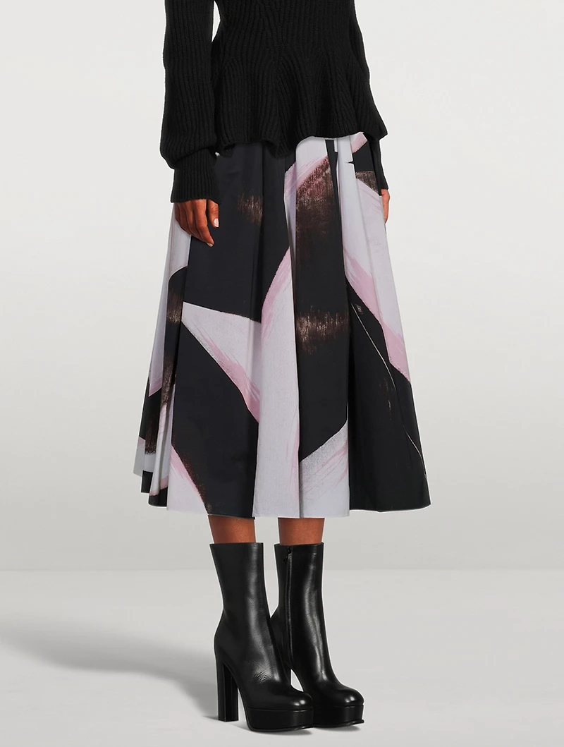 Gathered Midi Skirt Brushstroke Print