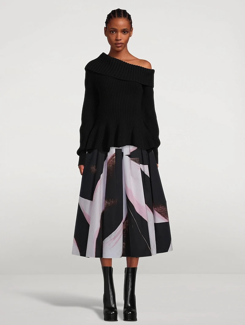 Gathered Midi Skirt Brushstroke Print