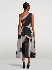 Asymmetric Midi Dress Brushstroke Print