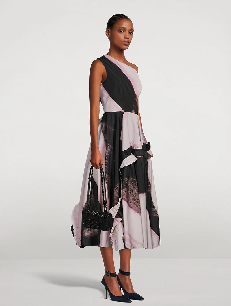 Asymmetric Midi Dress Brushstroke Print
