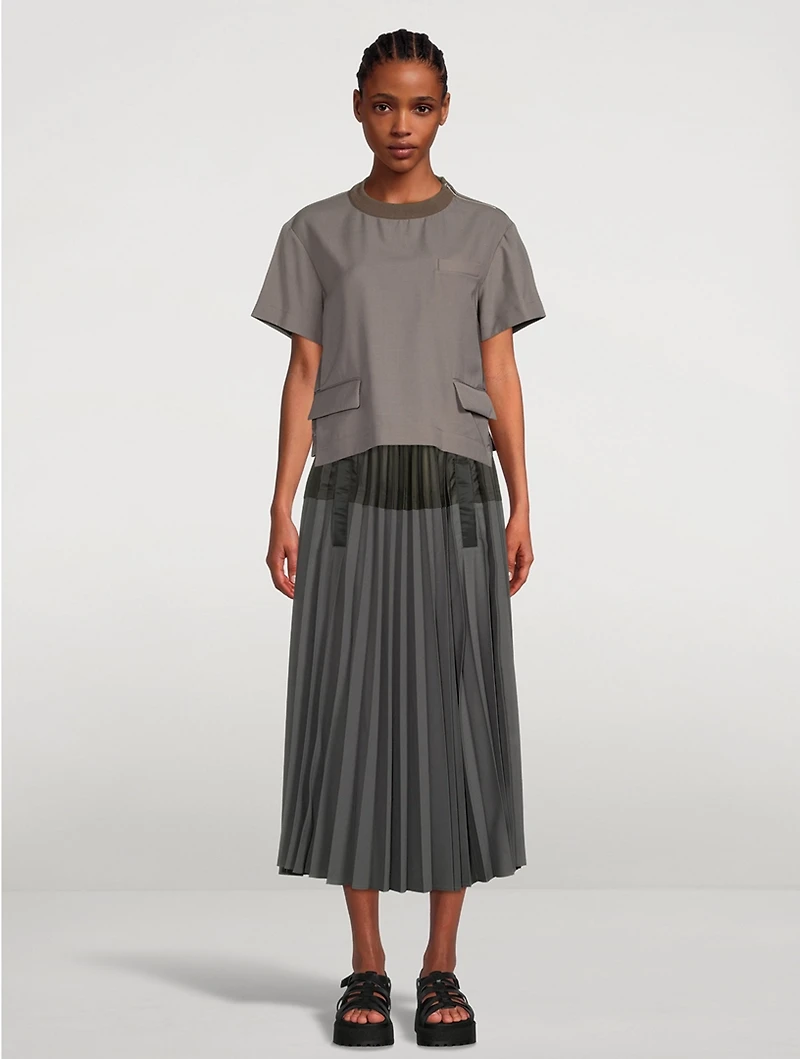 Mixed-Media Pleated Midi Skirt