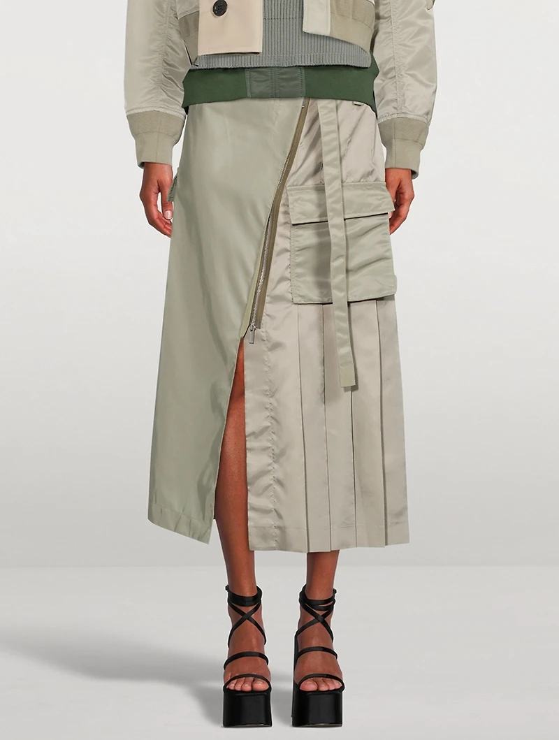 Nylon Twill Pleated Midi Skirt