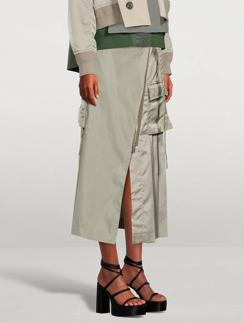 Nylon Twill Pleated Midi Skirt