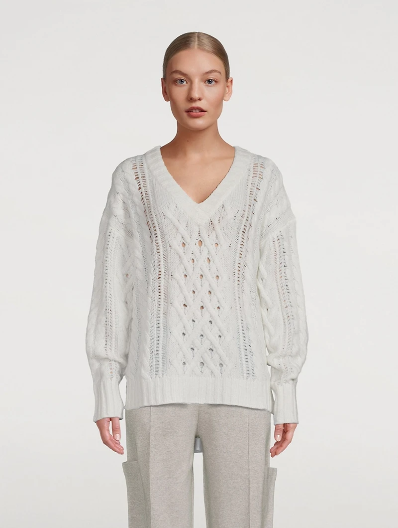 Open Cable-Knit V-Neck Sweater