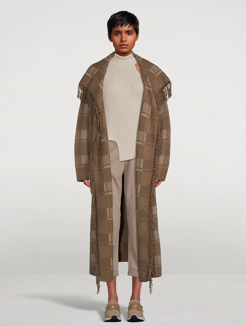 Wool Jacquard Fringed Coat Plaid