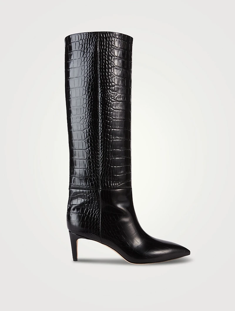 Croc-Embossed Leather Knee-High Boots