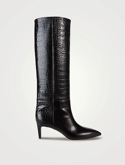 Croc-Embossed Leather Knee-High Boots