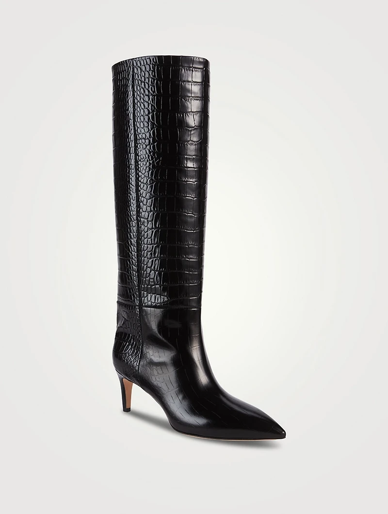 Croc-Embossed Leather Knee-High Boots