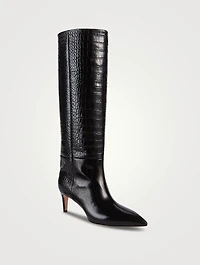 Croc-Embossed Leather Knee-High Boots