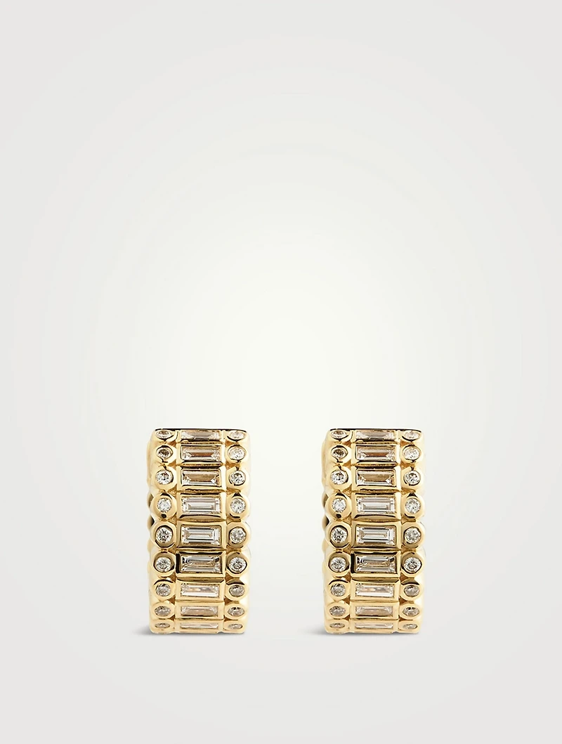 14K Gold Stacked Baguette And Round Bezel Huggie Hoop Earrings With Diamonds