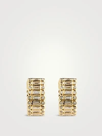 14K Gold Stacked Baguette And Round Bezel Huggie Hoop Earrings With Diamonds