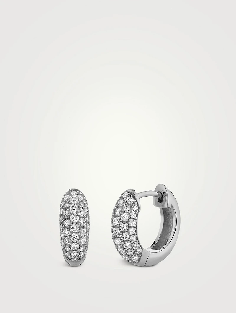 14K White Gold Puffy Huggie Hoop Earrings With Pavé Diamonds