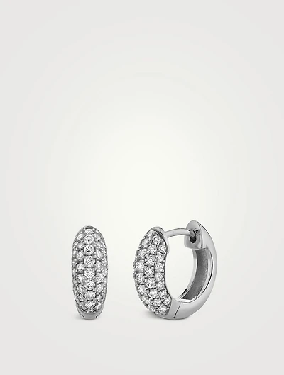 14K White Gold Puffy Huggie Hoop Earrings With Pavé Diamonds