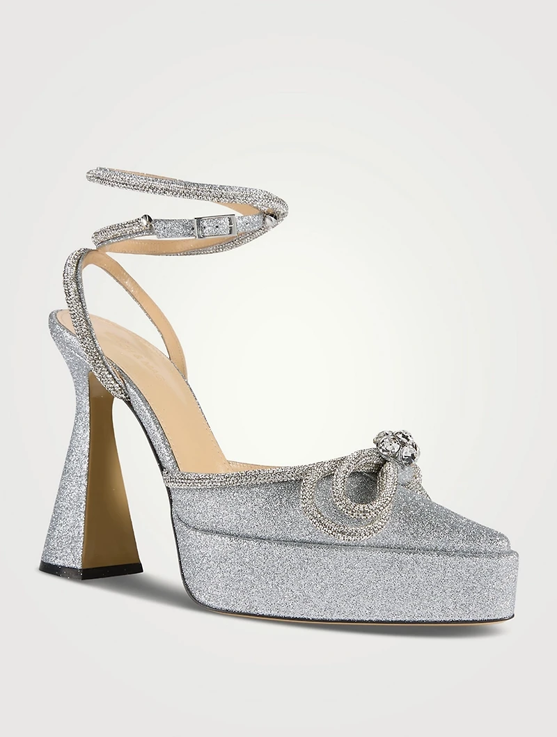 Double Bow Crystal-Embellished Glitter Platform Pumps