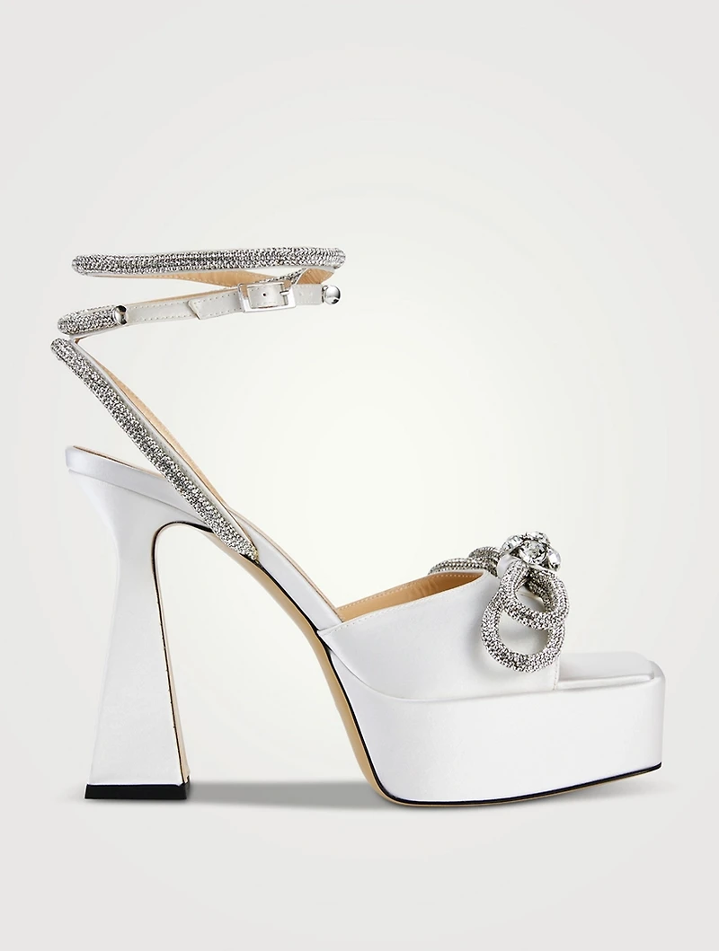 Double Bow Crystal-Embellished Satin Platform Sandals