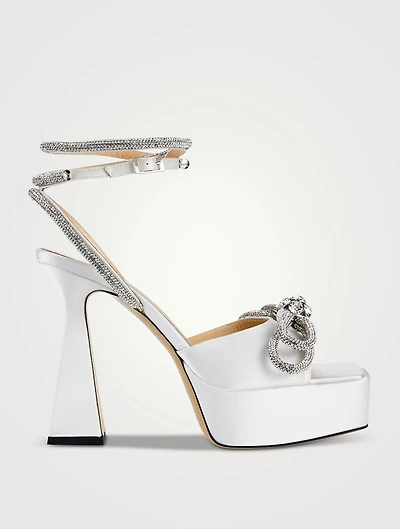Double Bow Crystal-Embellished Satin Platform Sandals